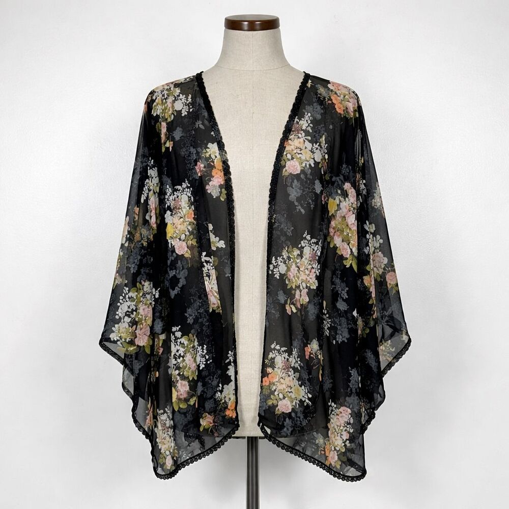 New ING Newport Kimono Size 3X Floral Sheer Open Front Lace Trim Boho Romantic